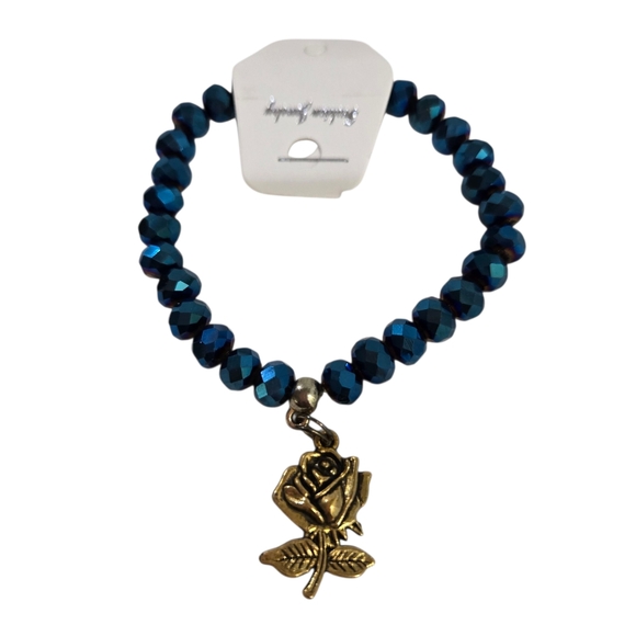 B925B071 Hand-made Blue Bracelet With Gold Rose Charm - Picture 8 of 8